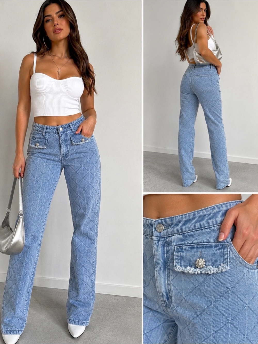 NWT Missguided Quilted Denim Jeans Diamanté Pocket Accent Light Wash Sz 6 💚